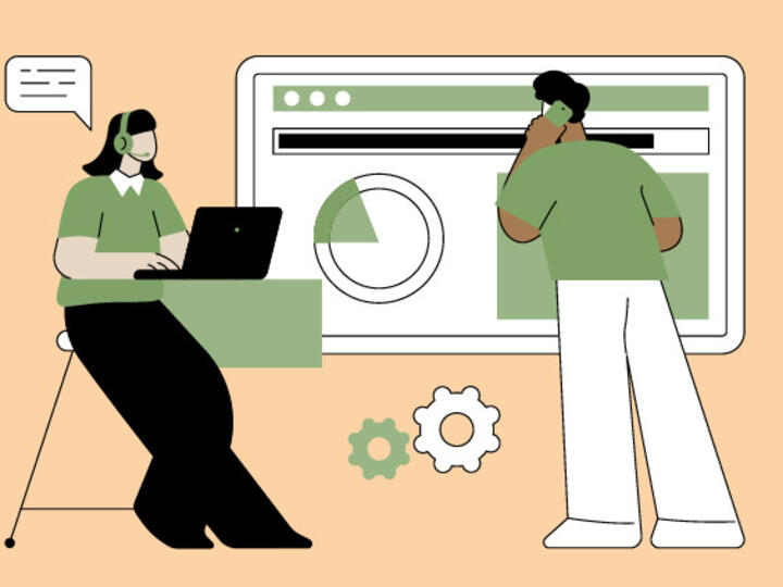 Illustration of man and woman providing system support via computer and phone systems