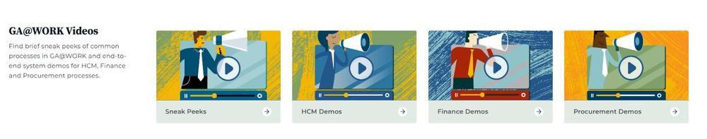 Thumbnail images of videos and demos in the GA@WORK Resource Library
