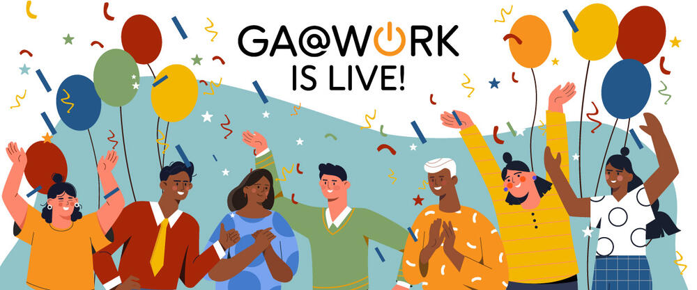 Celebratory graphic with people, balloons and confetti that reads, "GA@WORK is Live!"