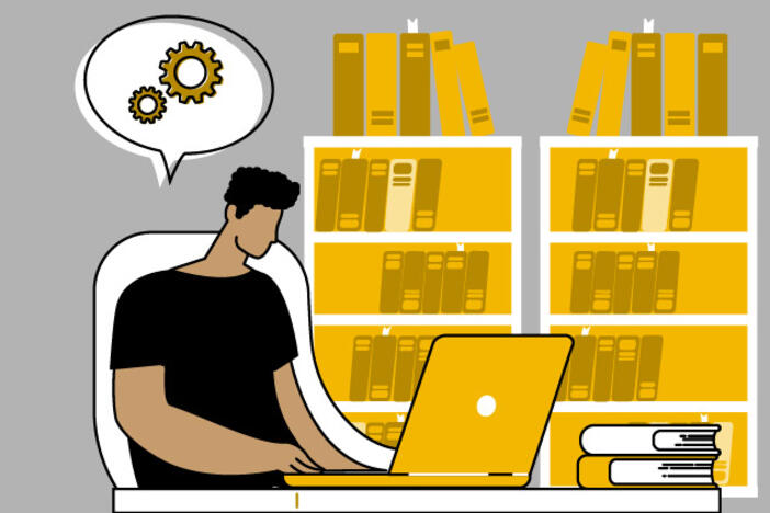 Illustration of a man in a library using his laptop
